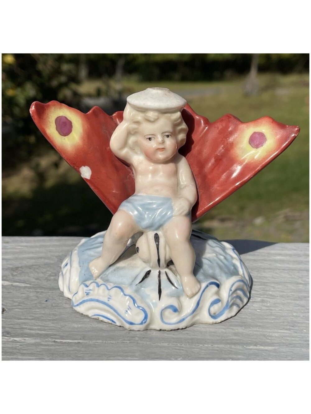 Antique Victorian Porcelain Whimsy Cherub Baby Riding Moth Figurine 19th C.